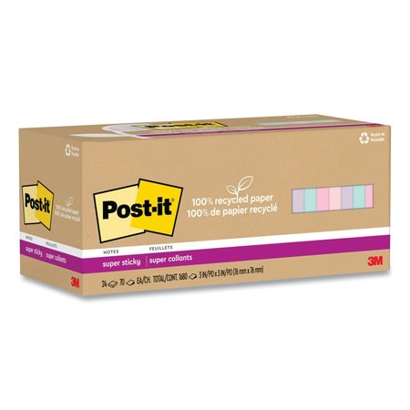 POST IT NOTES SUPER STICKY 100% Recycled Paper Super Sticky Notes, 3 x 3, Wanderlust Pastels, 70 Sheets/Pad, 24PK 70007079802